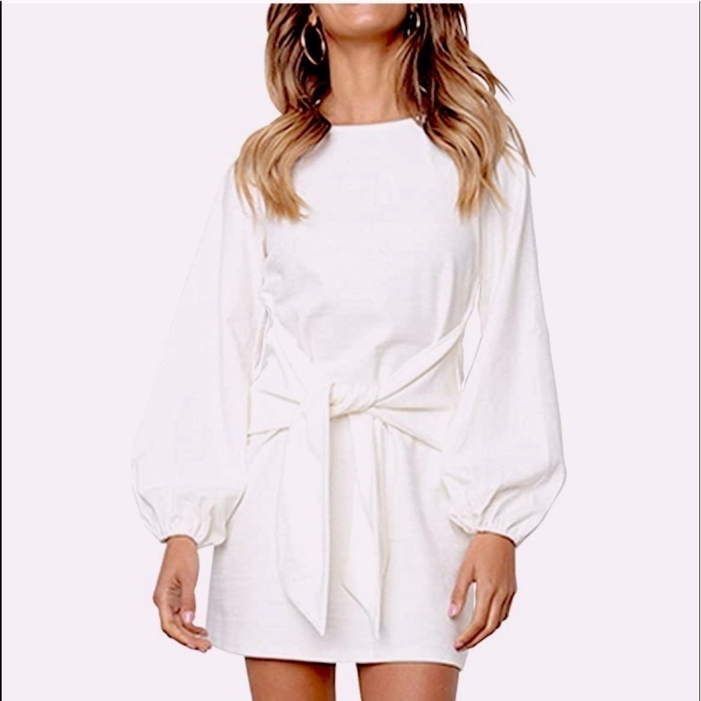 𝅺PRETTYGARDEN Long Sleeve Tie Waist Knit White Cocktail Dress Size Small NWT